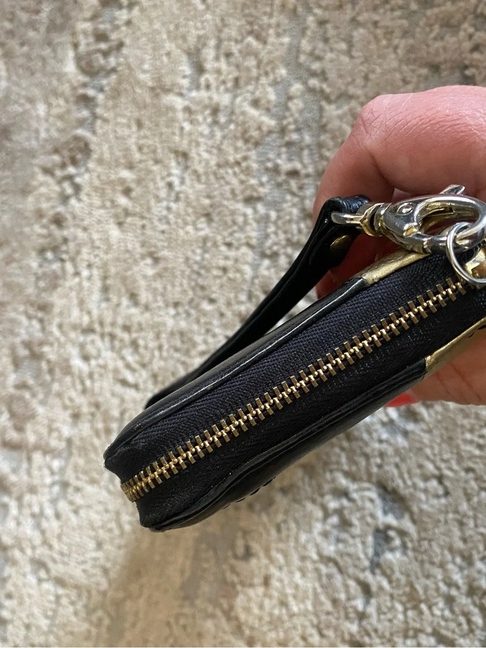 Fossil Black and Gold Color Block Leather Wristlet Wallet Zip Around Coin Purse